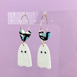 Abstract Heart with Ghosts Handmade Polymer Clay Dangle Hoop Earrings